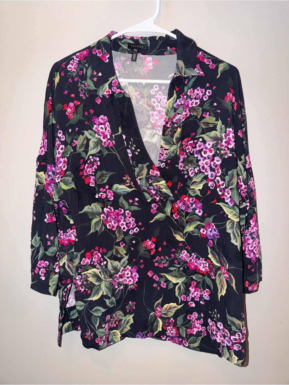 Escada Black Floral Blouse with Pink & Green Blooms quiet luxury